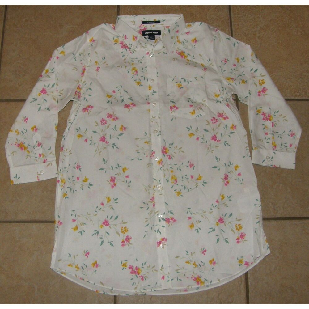 LANDS END White Floral Sz 8 Casual or Dress No Iron Cotton Button Up Shirt NEW